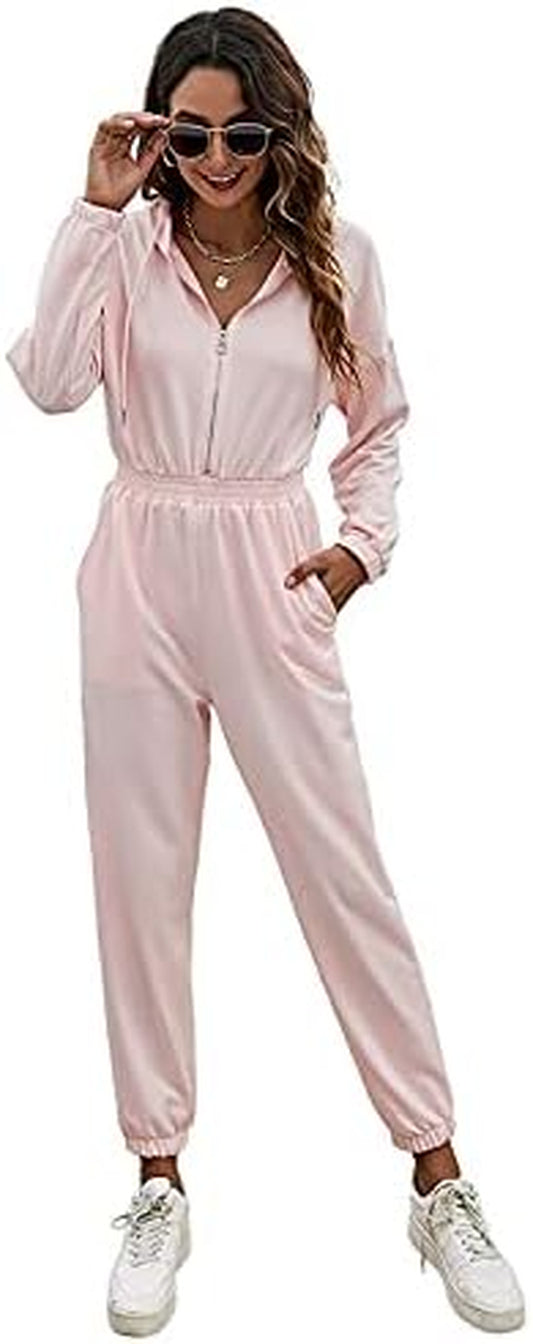 Women'S Long Sleeve Jumpsuits Zip up Hoodie Long Pants Sweatsuit Solid Color Outfits High Waist Athletic Tracksuits Pink S