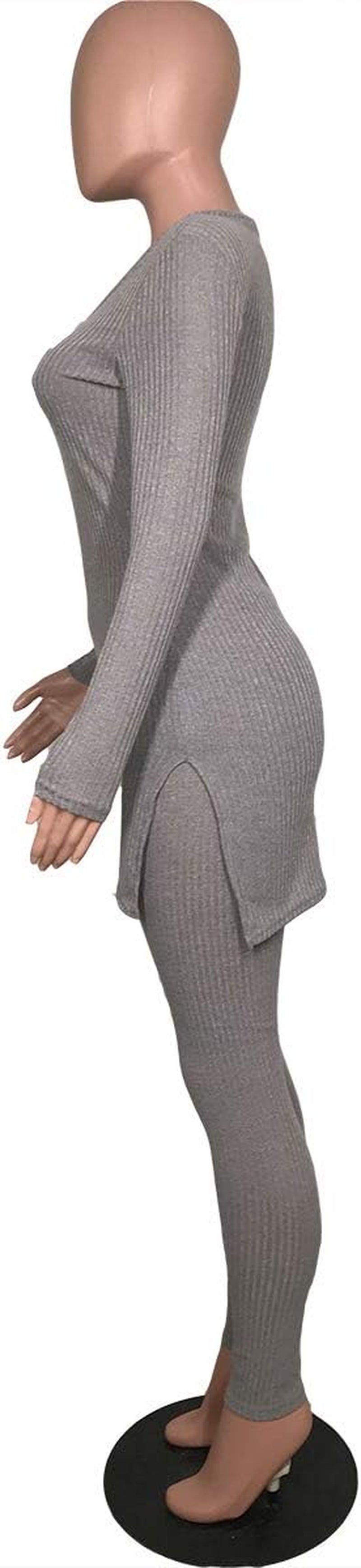 Women V Neck Long Sleeve Ribbed Knitted Split Top Bodycon Pants Set 2 Piece Outfits Jumpsuits Playsuits Grey L