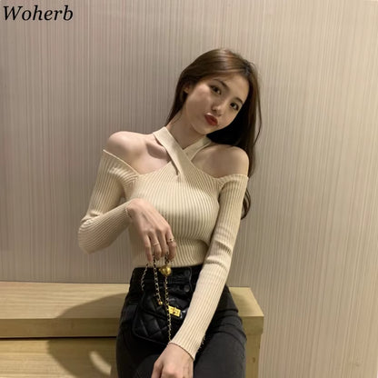 Y2K 2025 Spring Autumn Sexy Hollow Off-Shoulder Knitted Tops Solid Ladies Korean Clothes Sweater Pullovers Jumper