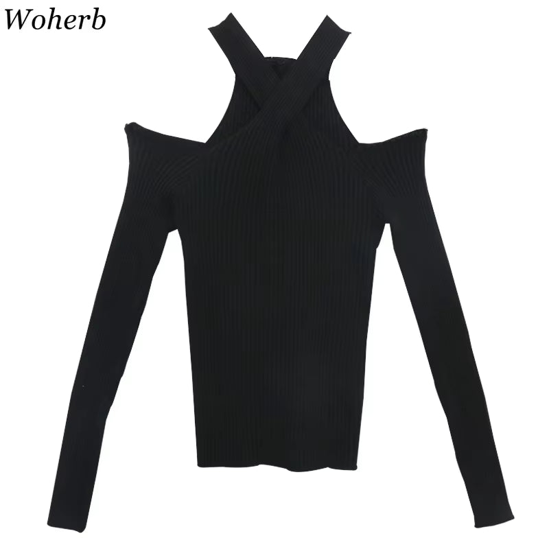 Y2K 2025 Spring Autumn Sexy Hollow Off-Shoulder Knitted Tops Solid Ladies Korean Clothes Sweater Pullovers Jumper