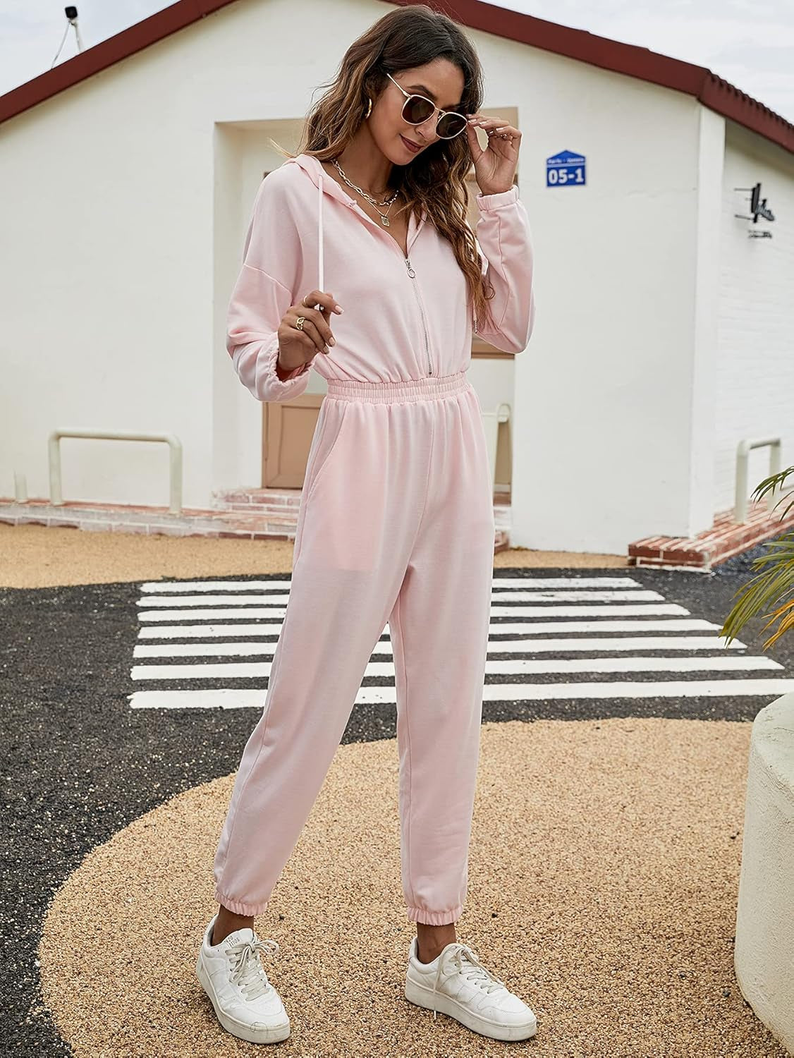 Women'S Long Sleeve Jumpsuits Zip up Hoodie Long Pants Sweatsuit Solid Color Outfits High Waist Athletic Tracksuits Pink S