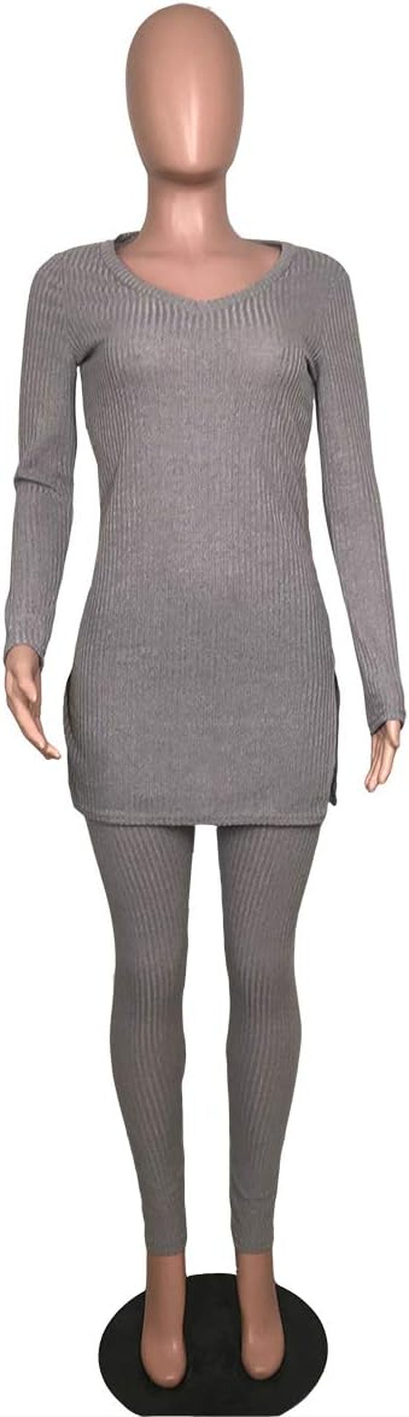 Women V Neck Long Sleeve Ribbed Knitted Split Top Bodycon Pants Set 2 Piece Outfits Jumpsuits Playsuits Grey L