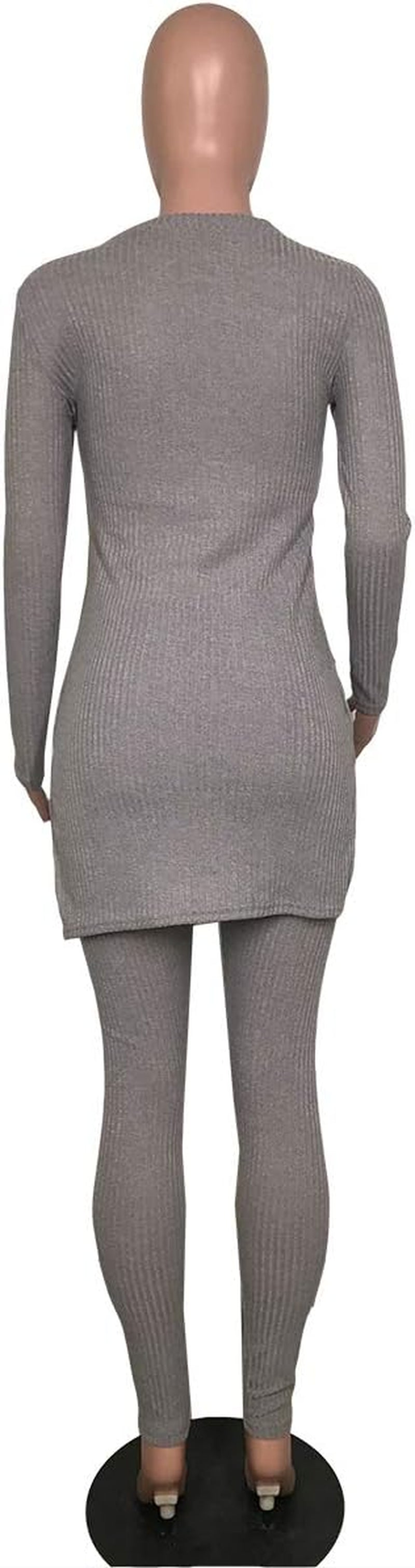 Women V Neck Long Sleeve Ribbed Knitted Split Top Bodycon Pants Set 2 Piece Outfits Jumpsuits Playsuits Grey L