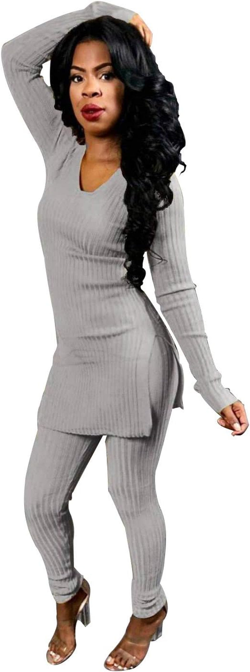 Women V Neck Long Sleeve Ribbed Knitted Split Top Bodycon Pants Set 2 Piece Outfits Jumpsuits Playsuits Grey L