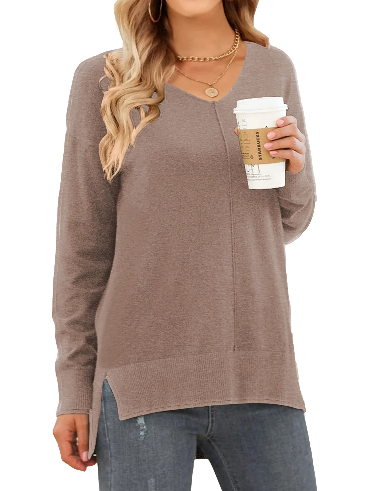 V Neck Sweaters for Women Fall Lightweight Knit Pullover Sweater Side Slits Tops