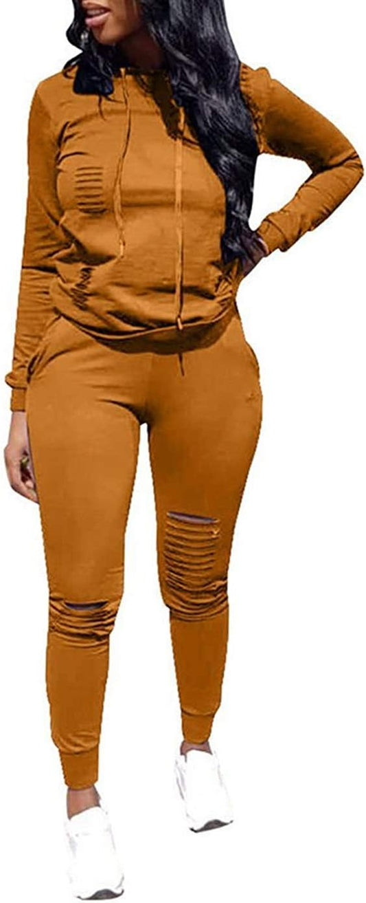 Women Casual Ripped Hole Pullover Hoodie Sweatpants 2 Piece Sport Jumpsuits Outfits Set