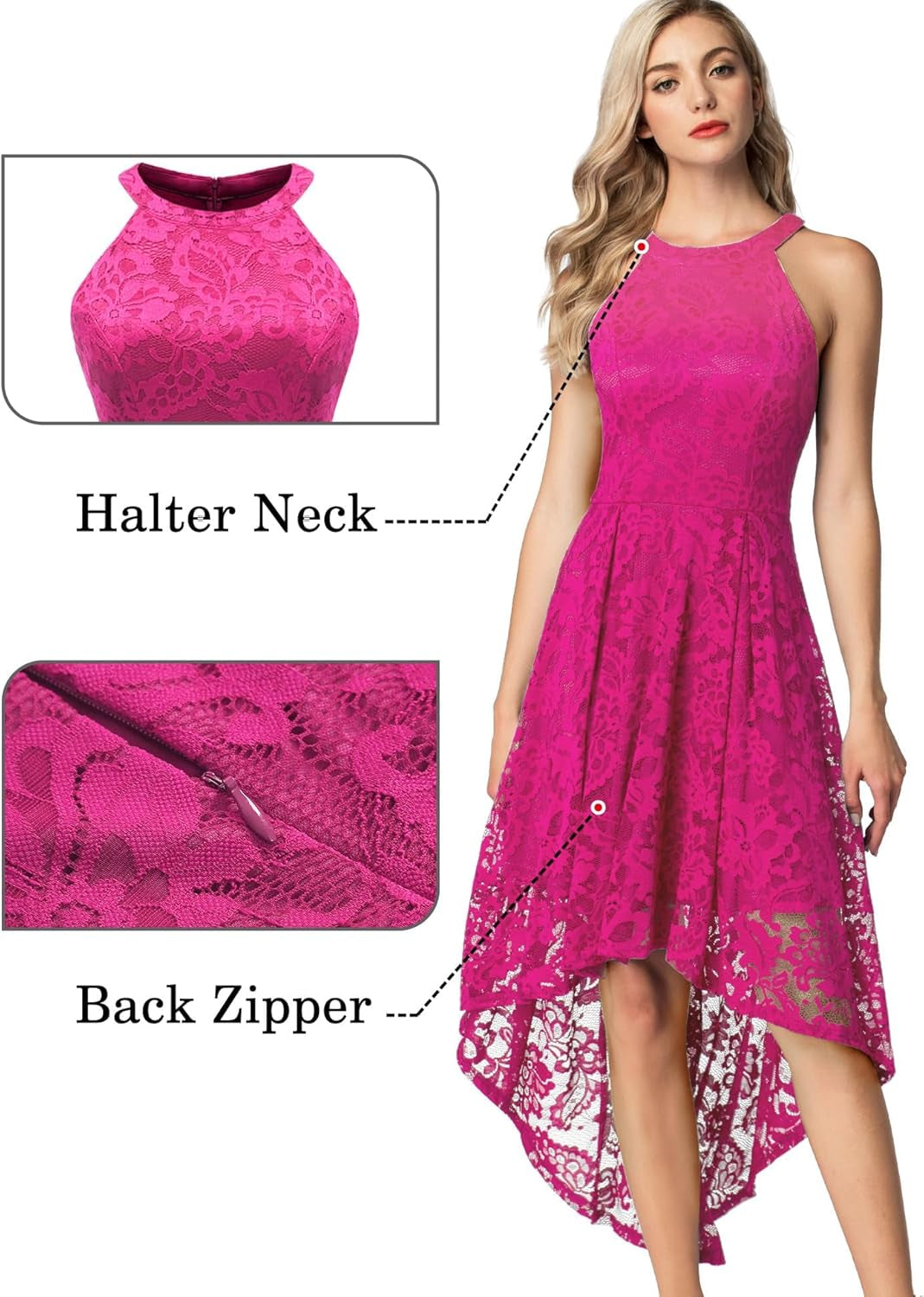 Women Halter Lace Wedding Guest Dress Hi-Lo Cocktail Party Bridesmaid Formal Dresses